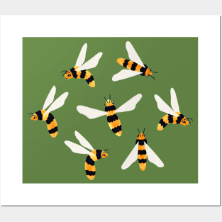 Friendly Gouache Bees on Forest Green - Scandi Posters and Art